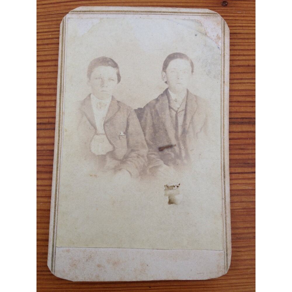Antique Sepia Young Boys In Suits Brothers Portrait Cabinet Photograph Photo